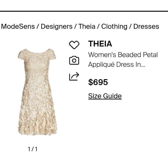 $695 NWT Theia Beige Short Sleeve Beaded Petal Appliqué A-Line Dress Sz 12 - Picture 3 of 12